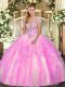 Lilac Sleeveless Floor Length Appliques and Ruffles Lace Up Quinceanera Gowns