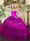 Sleeveless Floor Length Embroidery and Ruffled Layers Zipper Quinceanera Dresses with Fuchsia