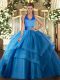 Nice Blue Lace Up Halter Top Ruffled Layers Quinceanera Dresses Tulle Sleeveless