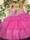 Artistic Floor Length Hot Pink Quinceanera Gowns Tulle Sleeveless Beading and Ruffled Layers