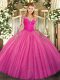 Hot Pink Long Sleeves Floor Length Lace Lace Up 15 Quinceanera Dress