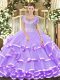 Romantic Lavender Lace Up Scoop Beading and Ruffled Layers Quinceanera Dress Tulle Sleeveless