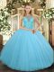 Ball Gowns Quinceanera Gowns Aqua Blue High-neck Tulle Sleeveless Floor Length Lace Up