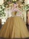Champagne Sleeveless Tulle Brush Train Lace Up Quinceanera Dress for Military Ball and Sweet 16 and Quinceanera