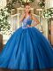 Top Selling Blue Ball Gowns Beading Sweet 16 Dress Lace Up Tulle Sleeveless Floor Length