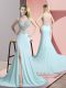 Aqua Blue Evening Dress Prom and Party with Beading High-neck Sleeveless Sweep Train Zipper