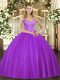 Top Selling Sleeveless Floor Length Beading Lace Up Quinceanera Gowns with Eggplant Purple