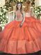 Tulle High-neck Sleeveless Lace Up Beading and Ruffled Layers Ball Gown Prom Dress in Orange Red