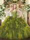 Olive Green Ball Gowns V-neck Sleeveless Organza Floor Length Lace Up Beading and Ruffles Quince Ball Gowns