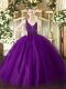 Best Selling Sleeveless Tulle Floor Length Zipper Quinceanera Dresses in Purple with Beading