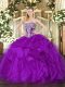 Purple Organza Lace Up Strapless Sleeveless Floor Length Quinceanera Dress Beading and Ruffles