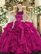 Best Floor Length Fuchsia Sweet 16 Dresses Organza Sleeveless Ruffles