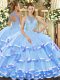 Attractive Aqua Blue Organza Lace Up Halter Top Sleeveless Floor Length Sweet 16 Dress Beading and Ruffled Layers