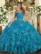 High Class Teal Ball Gowns Organza Halter Top Sleeveless Ruffles Floor Length Lace Up Sweet 16 Quinceanera Dress