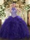 Fashionable Purple Sleeveless Tulle Lace Up Ball Gown Prom Dress for Military Ball and Sweet 16 and Quinceanera