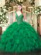 Green Ball Gown Prom Dress Military Ball and Sweet 16 and Quinceanera with Beading and Ruffles V-neck Sleeveless Lace Up