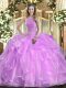 Lilac Ball Gowns Organza High-neck Sleeveless Beading and Ruffles Floor Length Lace Up Quince Ball Gowns