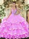 Fashionable Lilac Lace Up Straps Beading and Ruffled Layers Quinceanera Gown Organza Sleeveless