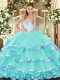 Fitting Turquoise Sleeveless Beading and Ruffled Layers Floor Length 15th Birthday Dress