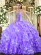 Beautiful Lavender Ball Gown Prom Dress Military Ball and Sweet 16 and Quinceanera with Beading and Ruffled Layers Sweetheart Sleeveless Lace Up