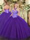 Custom Design Purple Ball Gowns Tulle Sweetheart Sleeveless Beading Floor Length Lace Up Quinceanera Gowns