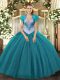 Sleeveless Floor Length Beading and Sequins Lace Up Ball Gown Prom Dress with Teal