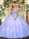Elegant Sleeveless Floor Length Appliques and Ruffles Lace Up Sweet 16 Quinceanera Dress with Light Blue