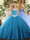 Baby Blue Sleeveless Brush Train Appliques Sweet 16 Dress