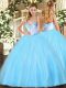 Beautiful Sleeveless Tulle Floor Length Lace Up 15 Quinceanera Dress in Aqua Blue with Beading