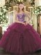 Pretty Burgundy Ball Gowns Tulle Sweetheart Sleeveless Beading and Ruffles Floor Length Lace Up Sweet 16 Dresses