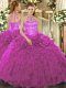 Inexpensive Fuchsia Sleeveless Organza Lace Up Quinceanera Gown for Military Ball and Sweet 16 and Quinceanera