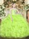 Floor Length Lace Up Ball Gown Prom Dress Yellow Green for Military Ball and Sweet 16 and Quinceanera with Beading and Ruffles