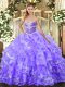 Designer Lavender Ball Gowns Organza Sweetheart Sleeveless Beading and Ruffled Layers Floor Length Lace Up Quinceanera Dresses