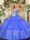 Hot Sale Beading and Ruffled Layers Ball Gown Prom Dress Blue Lace Up Sleeveless Floor Length