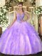 Lavender Ball Gowns Straps Sleeveless Tulle Floor Length Lace Up Beading and Ruffles Sweet 16 Dress