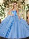 Traditional Blue Ball Gowns Sweetheart Sleeveless Tulle Floor Length Lace Up Beading and Ruffles Quince Ball Gowns