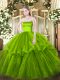 Brush Train Ball Gowns 15th Birthday Dress Olive Green Strapless Tulle Sleeveless Zipper