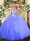 New Arrival Blue Sleeveless Floor Length Beading Lace Up Quinceanera Dress