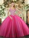 Pretty Hot Pink Lace Up Quinceanera Gowns Beading Sleeveless Floor Length