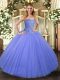 Floor Length Lace Up Quinceanera Dresses Blue for Military Ball and Sweet 16 and Quinceanera with Beading