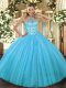 On Sale Aqua Blue Halter Top Neckline Beading and Embroidery Quinceanera Gown Sleeveless Lace Up