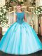 Aqua Blue Ball Gowns Beading and Appliques 15 Quinceanera Dress Zipper Tulle Cap Sleeves Floor Length