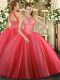 Charming Coral Red High-neck Lace Up Beading Quinceanera Dresses Sleeveless