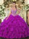 Fancy Purple Ball Gowns Organza Straps Sleeveless Beading and Ruffles Floor Length Lace Up Quince Ball Gowns