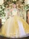 Floor Length Gold 15th Birthday Dress Tulle Sleeveless Lace and Ruffles
