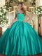 Shining Turquoise Satin Lace Up Halter Top Sleeveless Floor Length Sweet 16 Dress Ruching