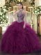 Halter Top Sleeveless Lace Up Ball Gown Prom Dress Fuchsia Organza