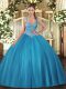 Floor Length Lace Up Sweet 16 Dresses Teal for Military Ball and Sweet 16 and Quinceanera with Beading