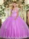 High Class Lilac Tulle Lace Up Quinceanera Gown Sleeveless Floor Length Appliques