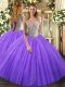Lavender Tulle Lace Up Quinceanera Gowns Sleeveless Floor Length Beading